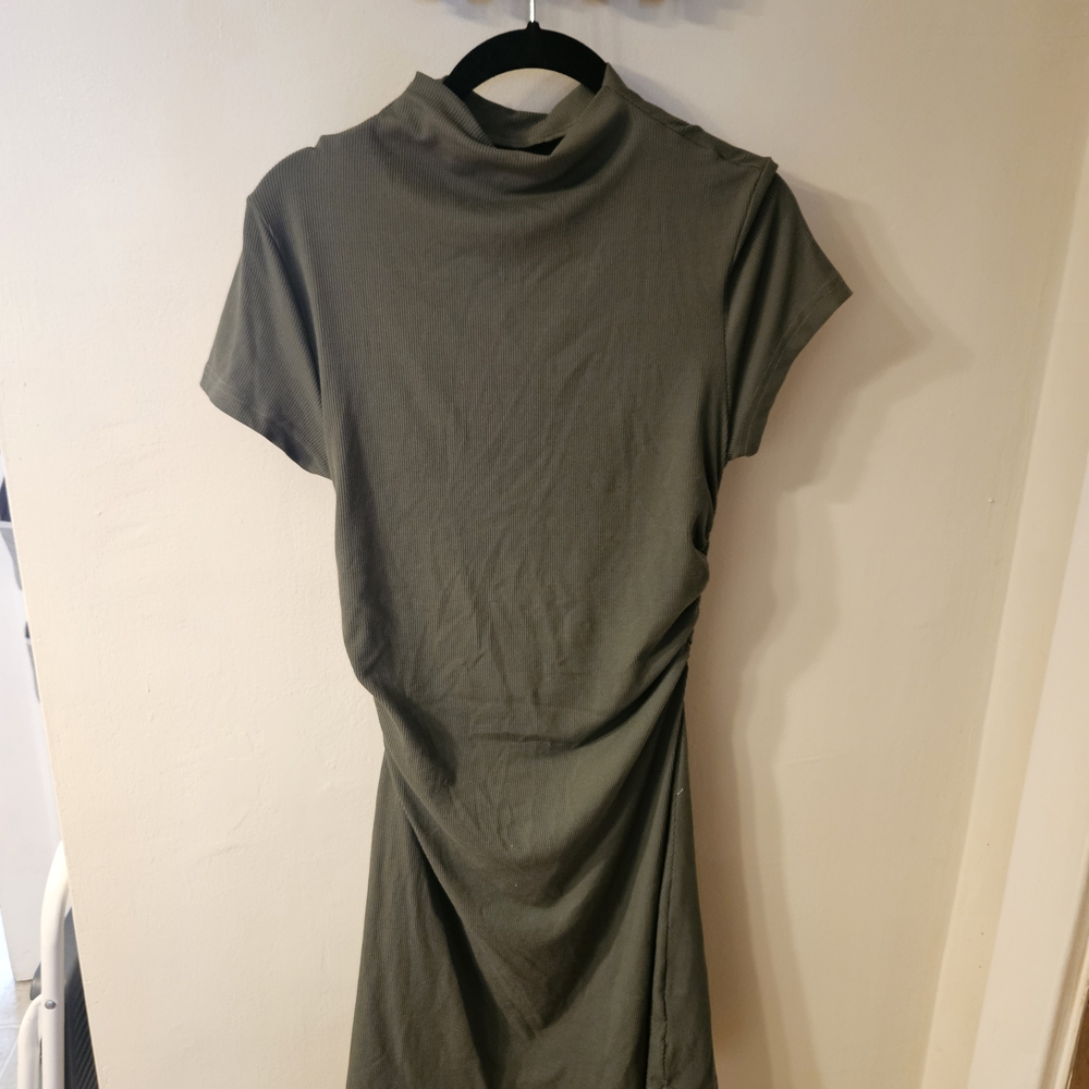 Cider Green Ruched Sheath Dress with Mock Neck